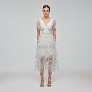 Self-Portrait Ivory Blossom Embellished Tiered Midi Dress - NWT